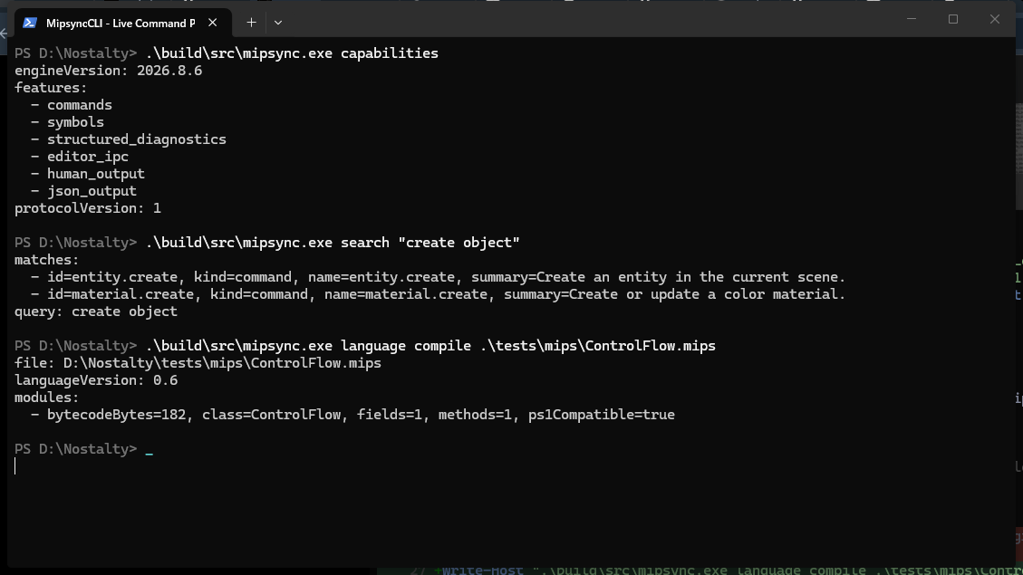 MipsyncCLI running capabilities, command search and Mips# compilation in PowerShell