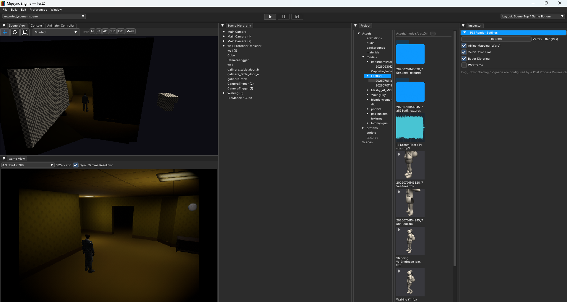 Mipsync editor with Scene, Game, Hierarchy, Project and Inspector views